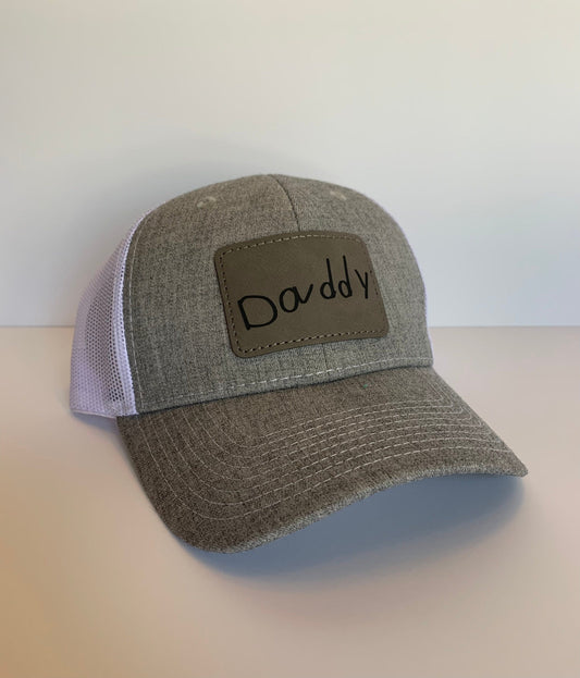 Personalized Dad Grandpa Baseball Hat Using Child Handwriting on Engraved Leather Patch | Handwritten Fathers Day Gift from Son or Daughter