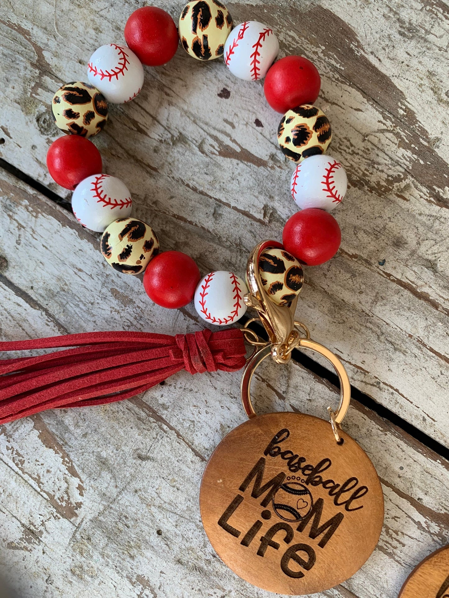 Personalized Baseball Mom Wristlet Keychain | Gift for T-ball Mama | Wooden Bead Sports Bracelet | Team Gift | Game Day Accessories