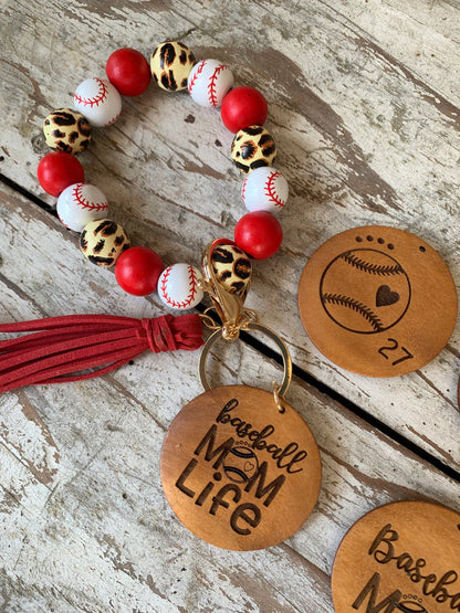 Personalized Baseball Mom Wristlet Keychain | Gift for T-ball Mama | Wooden Bead Sports Bracelet | Team Gift | Game Day Accessories