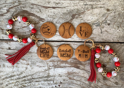 Personalized Baseball Mom Wristlet Keychain | Gift for T-ball Mama | Wooden Bead Sports Bracelet | Team Gift | Game Day Accessories