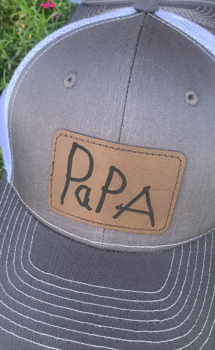 Personalized Dad Grandpa Baseball Hat Using Child Handwriting on Engraved Leather Patch | Handwritten Fathers Day Gift from Son or Daughter