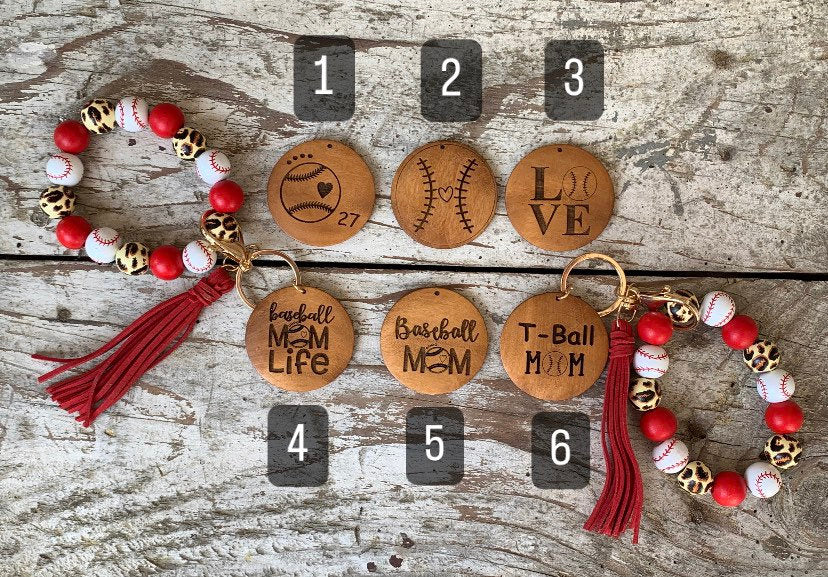 Personalized Baseball Mom Wristlet Keychain | Gift for T-ball Mama | Wooden Bead Sports Bracelet | Team Gift | Game Day Accessories