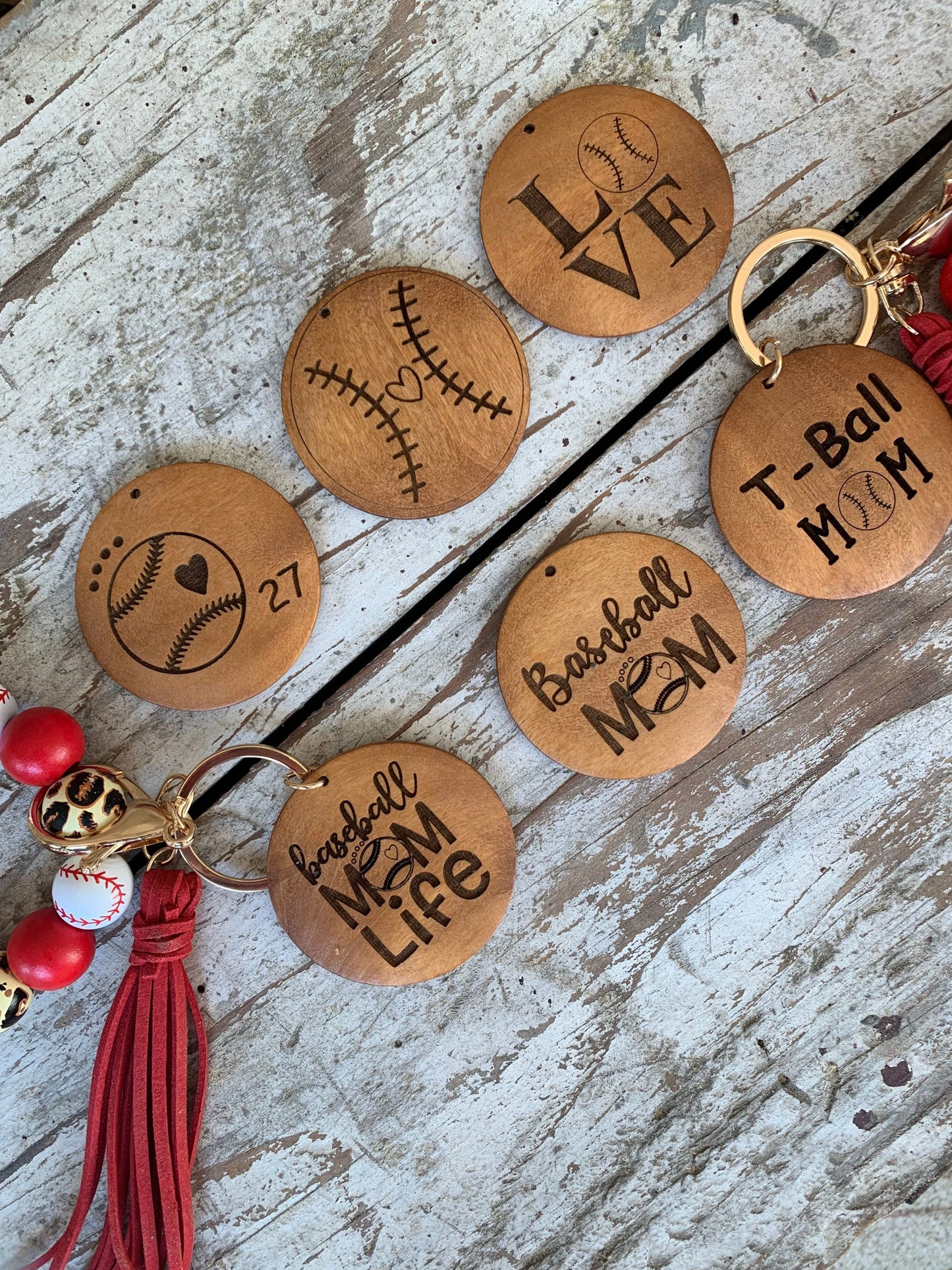 Personalized Baseball Mom Wristlet Keychain | Gift for T-ball Mama | Wooden Bead Sports Bracelet | Team Gift | Game Day Accessories