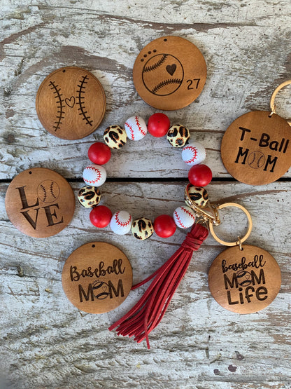 Personalized Baseball Mom Wristlet Keychain | Gift for T-ball Mama | Wooden Bead Sports Bracelet | Team Gift | Game Day Accessories
