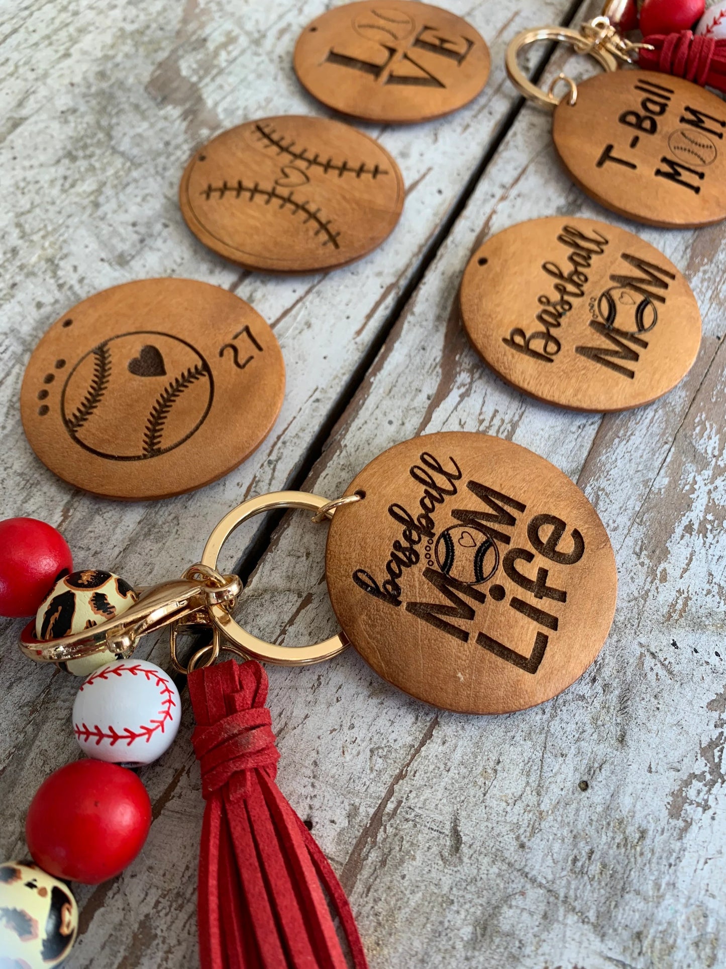 Personalized Baseball Mom Wristlet Keychain | Gift for T-ball Mama | Wooden Bead Sports Bracelet | Team Gift | Game Day Accessories