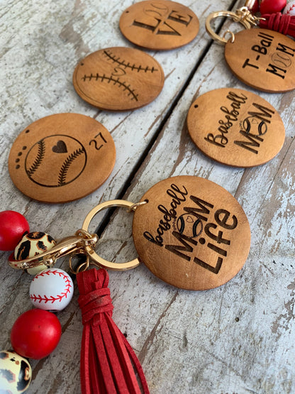 Personalized Baseball Mom Wristlet Keychain | Gift for T-ball Mama | Wooden Bead Sports Bracelet | Team Gift | Game Day Accessories