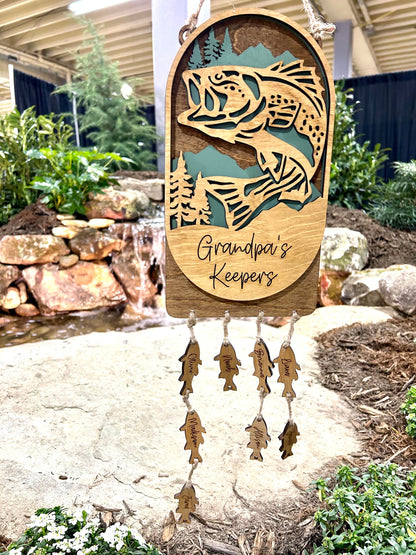 Personalized Dad's Keepers Fishing Sign | Grandpa's Keepers Hanging Wooden Sign | Hooked on Dad | Grandchildren Sign | Fathers Day Gift