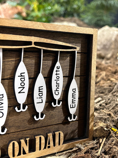 Personalized Dad or Grandpa Fishing Sign | Dads Keepers Fish Hanging Wooden Sign | Hooked on Dad | Grandchildren Sign | Fathers Day Gift