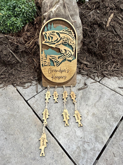 Personalized Dad's Keepers Fishing Sign | Grandpa's Keepers Hanging Wooden Sign | Hooked on Dad | Grandchildren Sign | Fathers Day Gift