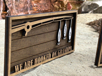 Personalized Dad or Grandpa Fishing Sign | Dads Keepers Fish Hanging Wooden Sign | Hooked on Dad | Grandchildren Sign | Fathers Day Gift