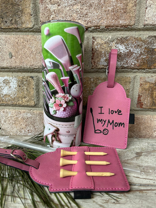 Mom/Mommy Golf Tee Holder Personalized Using Child Handwriting with Pink Golf Tumbler | Mothers Day Gift from Son or Daughter | Golf Lover