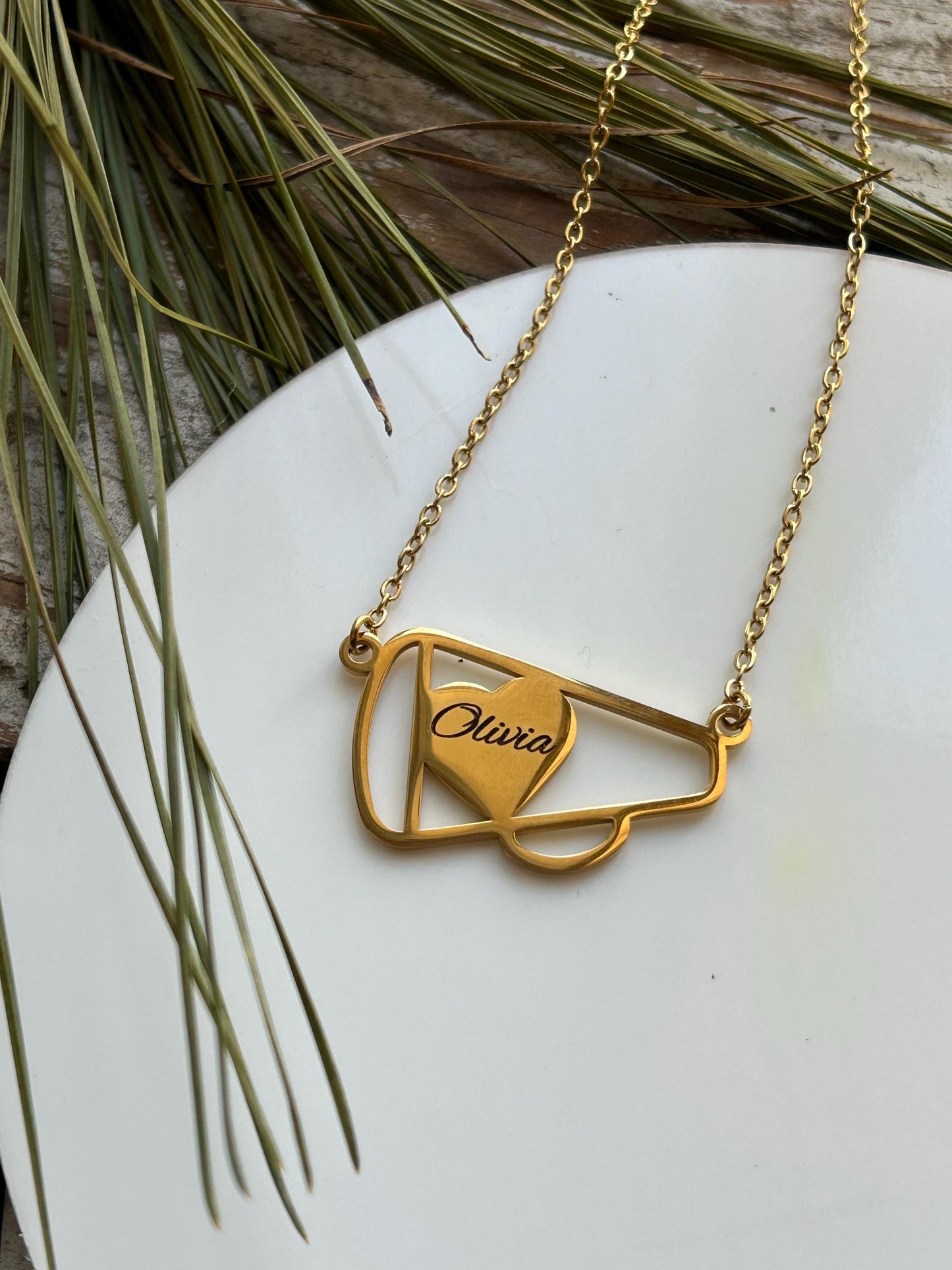 Personalized Cheer Megaphone Name Necklace | Cheerleader Football Jewelry | Cheerleader Mom Necklace | Cheer Team | Cheer Squad Senior Gifts
