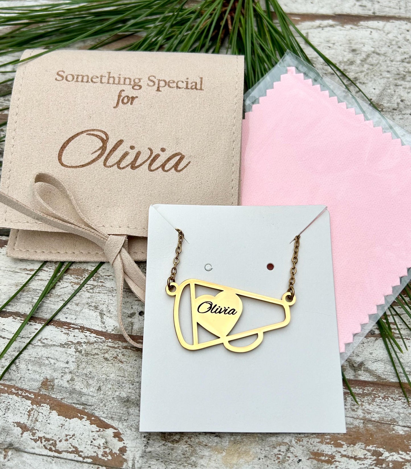 Personalized Cheer Megaphone Name Necklace | Cheerleader Football Jewelry | Cheerleader Mom Necklace | Cheer Team | Cheer Squad Senior Gifts