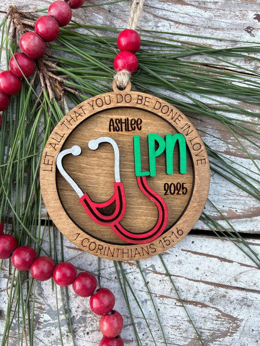 Personalized LPN Nurse Christmas Tree Ornament | Religious Gift for Nursing Graduate | Let All That You Do Be Done In Love 1 Cor 15:16