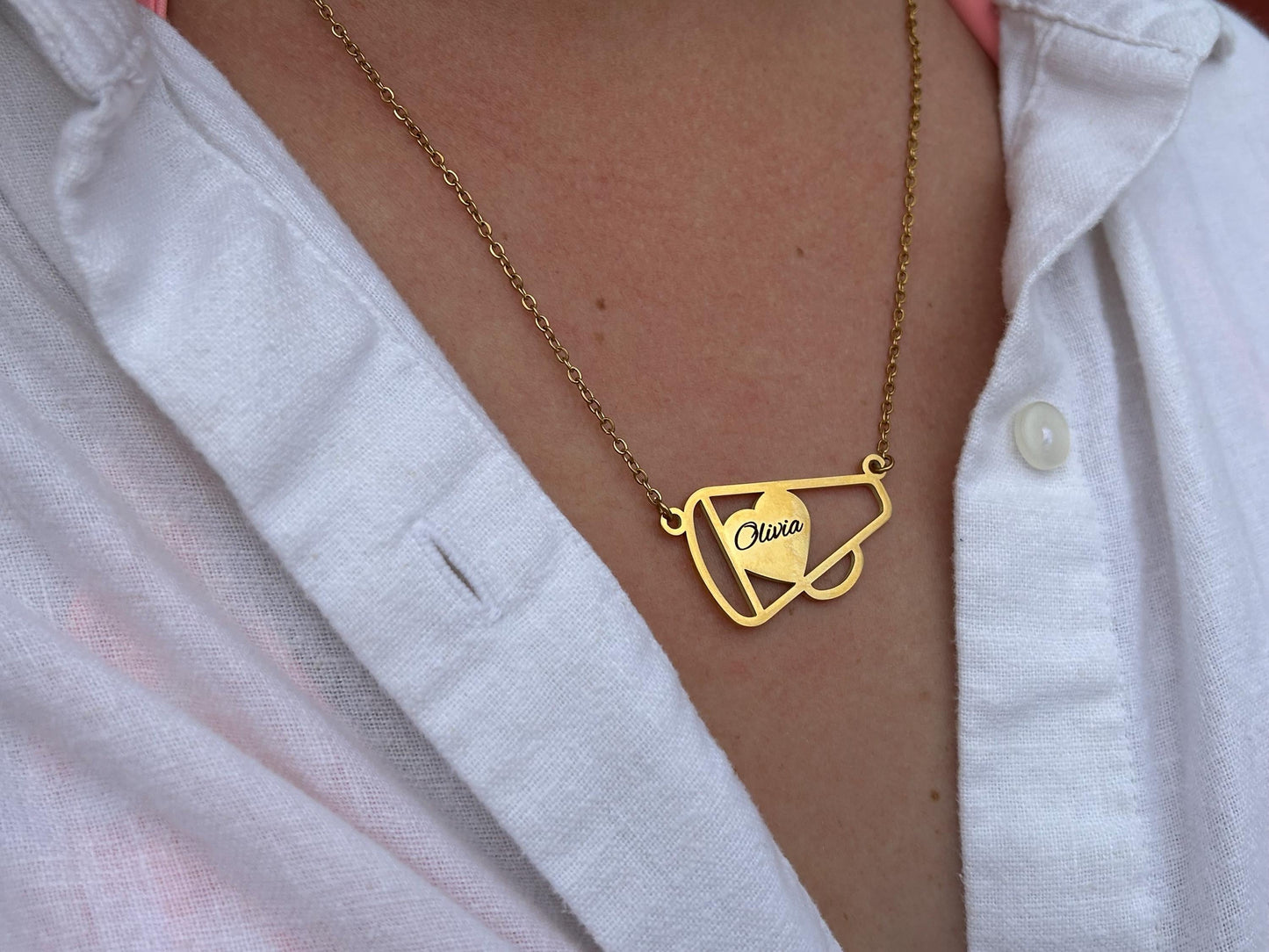 Personalized Cheer Megaphone Name Necklace | Cheerleader Football Jewelry | Cheerleader Mom Necklace | Cheer Team | Cheer Squad Senior Gifts