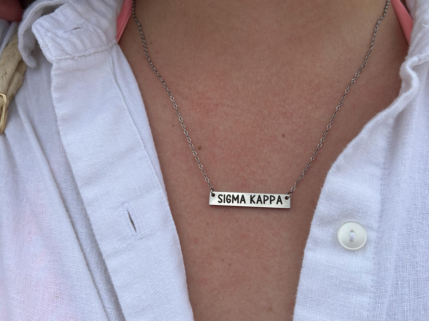 Sorority Name Bar Necklace | Engraved Greek Letters Pendant Necklace | Greek Letter Jewelry | Rush Necklace Gift For Big Little Sister