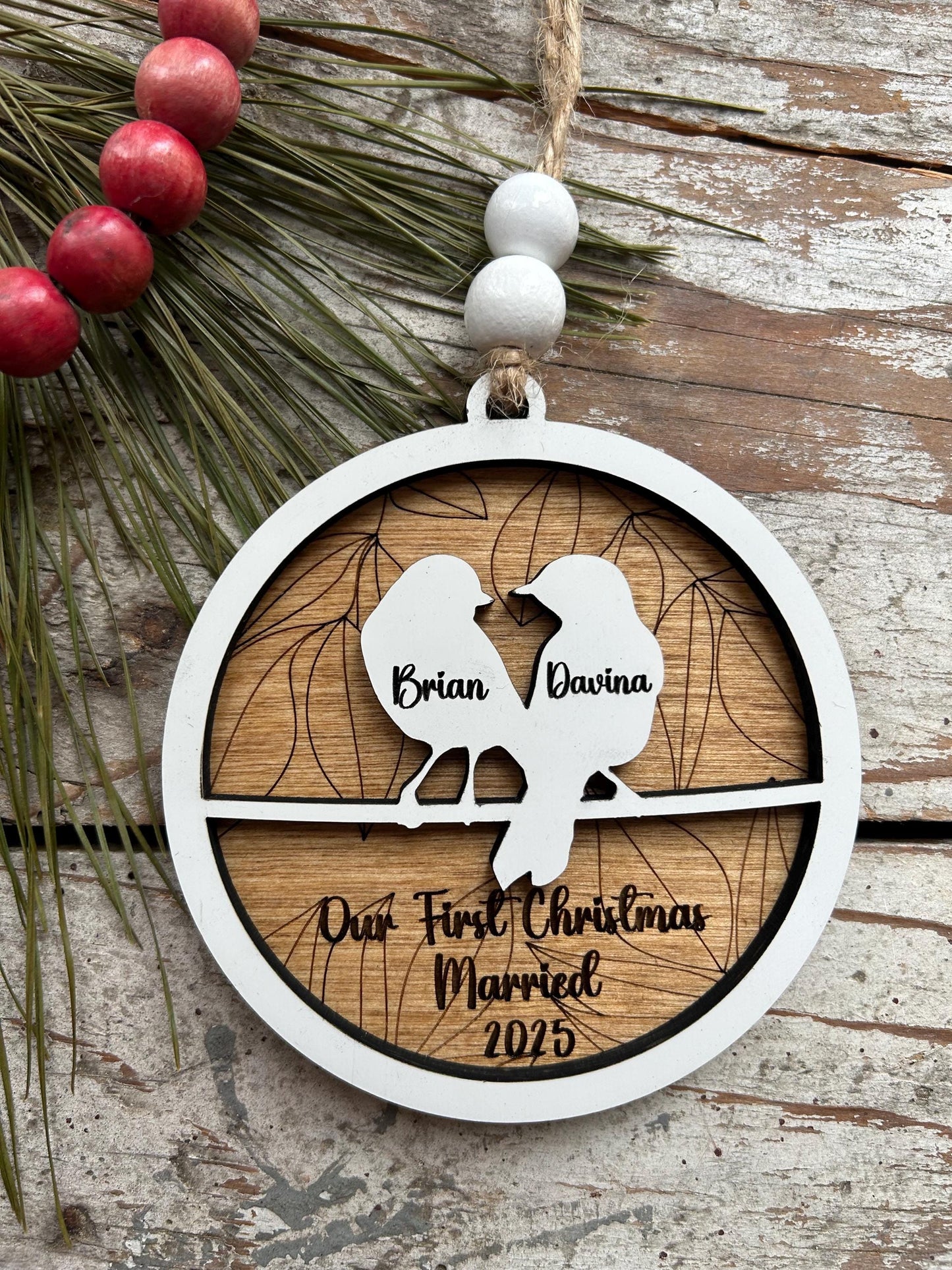 Personalized Love Birds Christmas Tree Ornament | Mr. and Mrs. Ornament | Wedding Gift | Gift for Newlyweds | Engagement Ornament | Our Nest