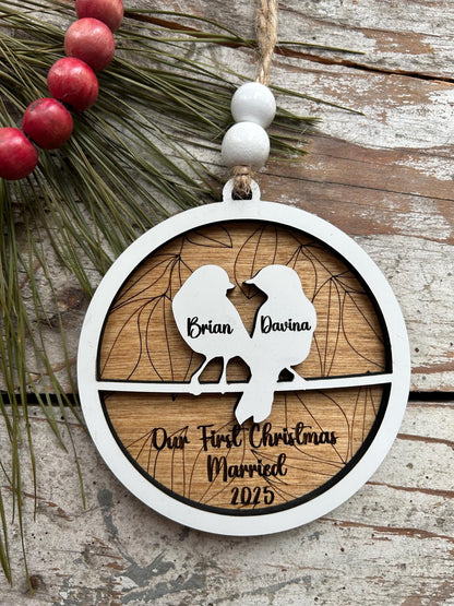 Personalized Love Birds Christmas Tree Ornament | Mr. and Mrs. Ornament | Wedding Gift | Gift for Newlyweds | Engagement Ornament | Our Nest