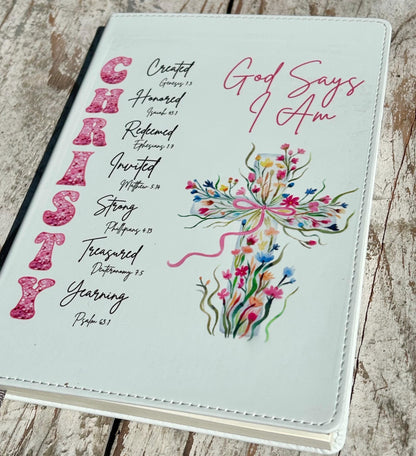 Personalized God Says I Am Bible Verse Name Journal | Christian Religious Notebook for Girl | First Communion Baptism Easter Pastor Gift