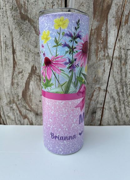 Personalized Mom Wildflower Tumbler with Names | Coquette Bow | New Mommy Mama Stainless Steel 20 oz Floral Cup | Mothers Day Gift from Kids