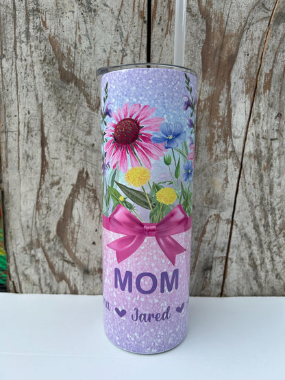 Personalized Mom Wildflower Tumbler with Names | Coquette Bow | New Mommy Mama Stainless Steel 20 oz Floral Cup | Mothers Day Gift from Kids