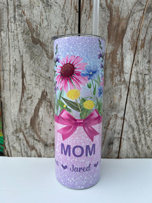 Personalized Mom Wildflower Tumbler with Names | Coquette Bow | New Mommy Mama Stainless Steel 20 oz Floral Cup | Mothers Day Gift from Kids