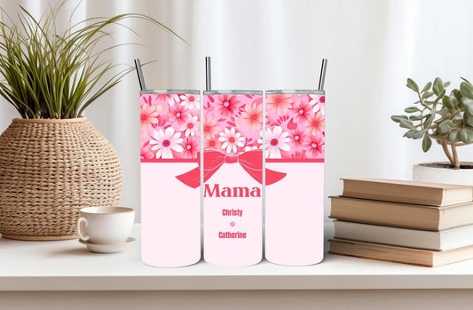 Personalized Mom Pink Daisy Tumbler with Kids Names | Coquette Bow | New Mommy Mama Stainless Steel 20 oz Flower Cup | Mothers Day Gift