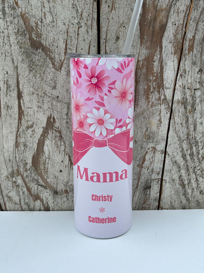 Personalized Mom Pink Daisy Tumbler with Kids Names | Coquette Bow | New Mommy Mama Stainless Steel 20 oz Flower Cup | Mothers Day Gift