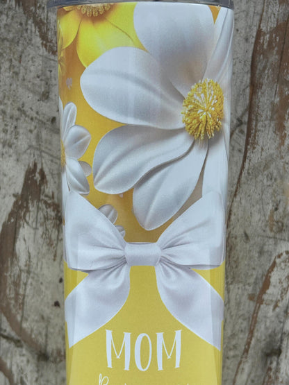 Personalized Mom Yellow Daisy Tumbler with Kids Names | Coquette Bow | New Mommy Mama Stainless Steel 20 oz Flower Cup | Mothers Day Gift