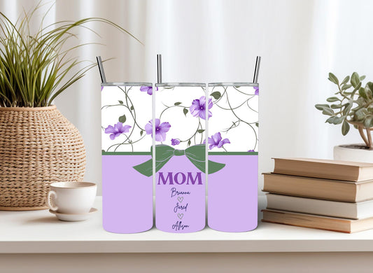 Personalized Mom Tumbler with Names | Coquette Bow | New Mommy Mama Stainless Steel 20 oz Purple Floral Cup | Mothers Day Gift from Kids