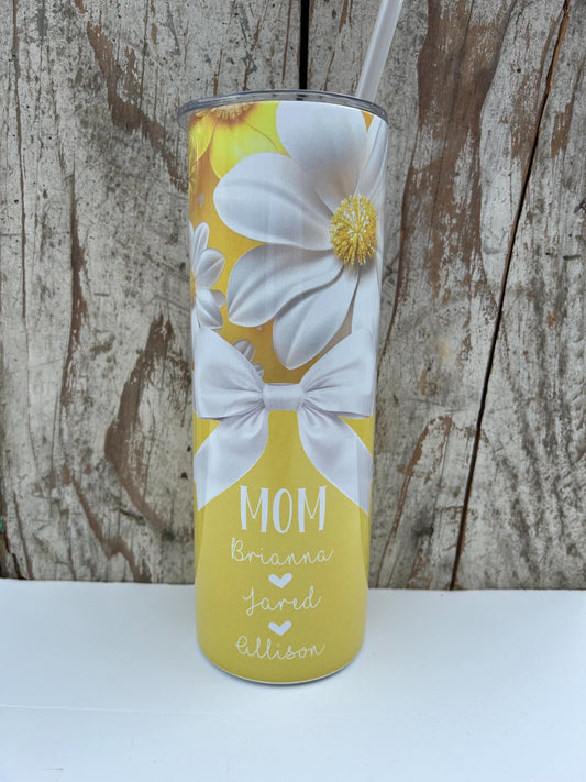Personalized Mom Yellow Daisy Tumbler with Kids Names | Coquette Bow | New Mommy Mama Stainless Steel 20 oz Flower Cup | Mothers Day Gift
