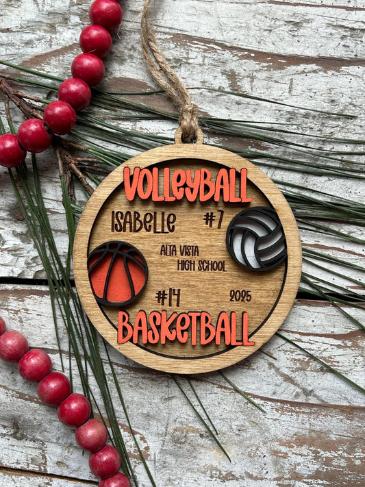 Personalized Multi Sport Volleyball Basketball Player Christmas Tree Ornament | Gift for High School Team | Custom Coach | Senior 2 Sports