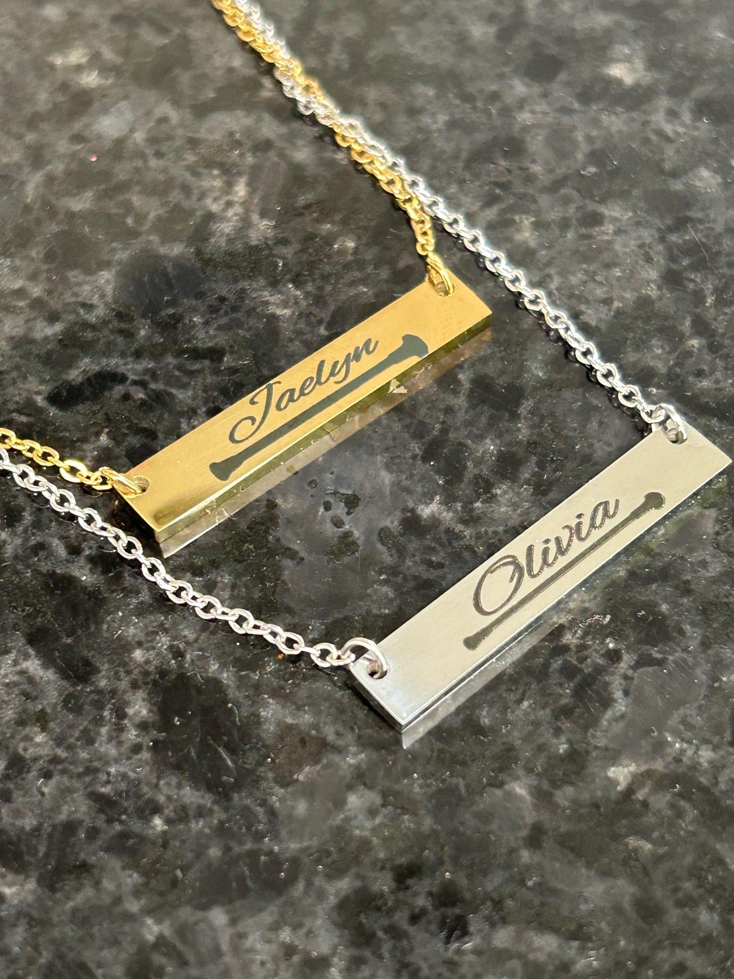 Personalized Baton Twirler Name Bar Necklace and Bracelet | Custom Majorette Gold Silver Jewelry Set | Feature Twirler College High School