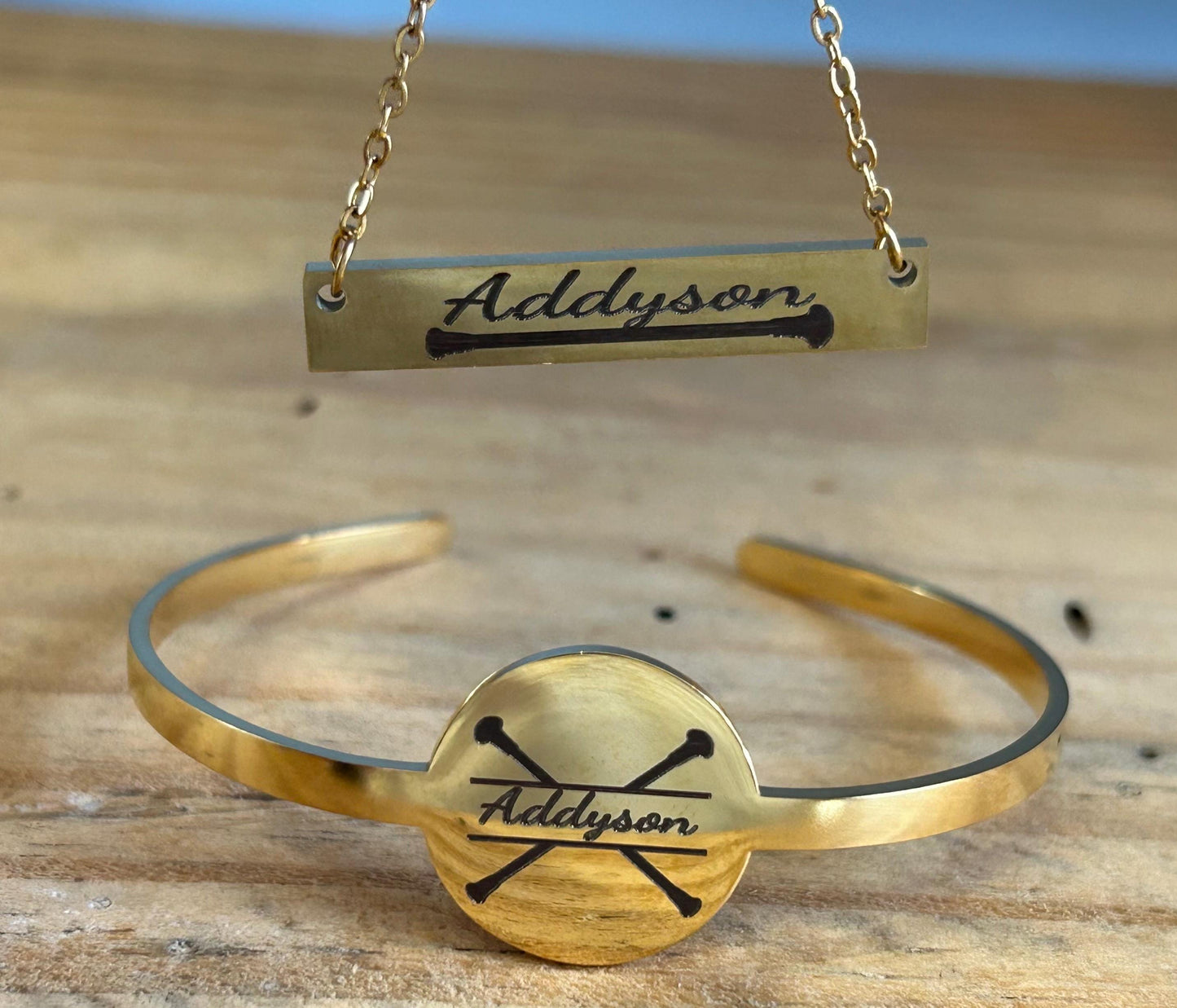 Personalized Baton Twirler Name Bar Necklace and Bracelet | Custom Majorette Gold Silver Jewelry Set | Feature Twirler College High School