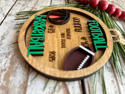 Personalized Basketball Football Player Christmas Tree Ornament | Gift for Multi Sport High School Athlete| Present for Senior in 2 Sports