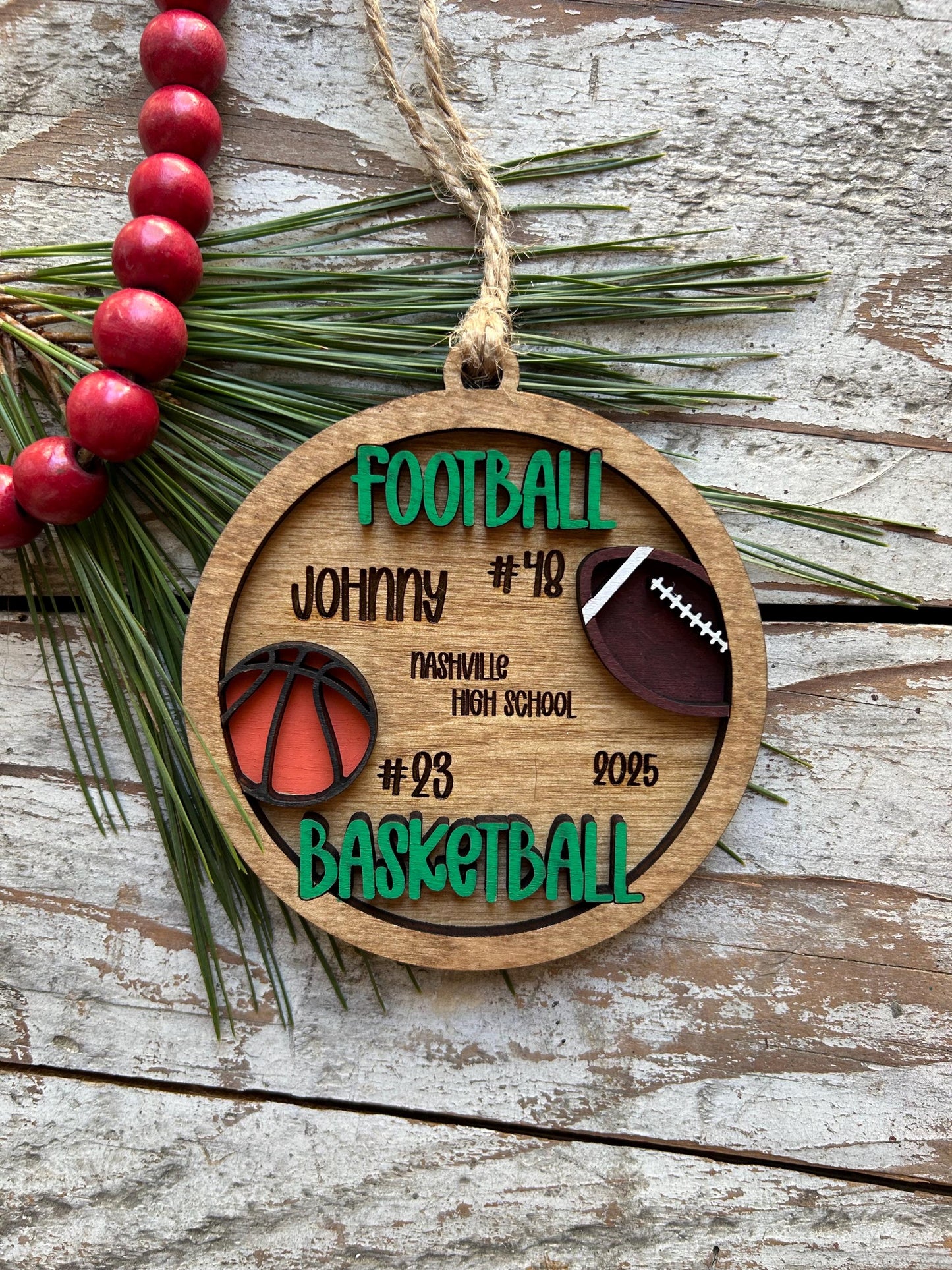 Personalized Basketball Football Player Christmas Tree Ornament | Gift for Multi Sport High School Athlete| Present for Senior in 2 Sports