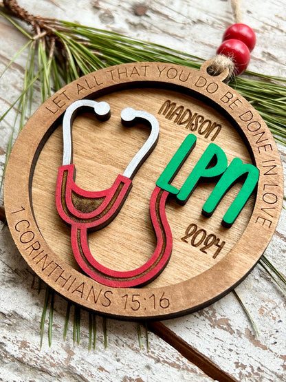 Personalized LPN Nurse Christmas Tree Ornament | Religious Gift for Nursing Graduate | Let All That You Do Be Done In Love 1 Cor 15:16