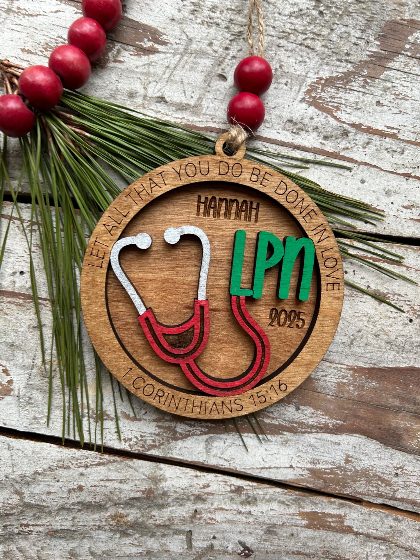 Personalized LPN Nurse Christmas Tree Ornament | Religious Gift for Nursing Graduate | Let All That You Do Be Done In Love 1 Cor 15:16