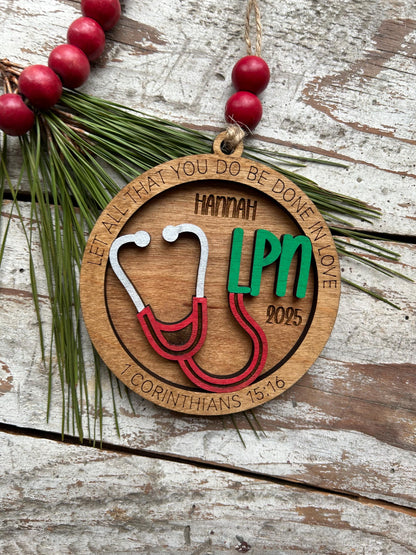 Personalized LPN Nurse Christmas Tree Ornament | Religious Gift for Nursing Graduate | Let All That You Do Be Done In Love 1 Cor 15:16