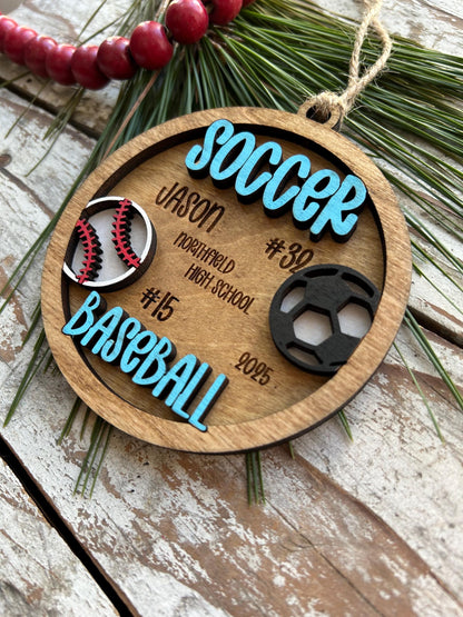 Personalized Soccer Baseball Player Christmas Tree Ornament | Gift for Multi Sport High School Athlete| Senior Soccer Baseball 2 Sport