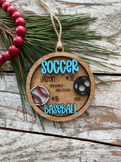 Personalized Soccer Baseball Player Christmas Tree Ornament | Gift for Multi Sport High School Athlete| Senior Soccer Baseball 2 Sport
