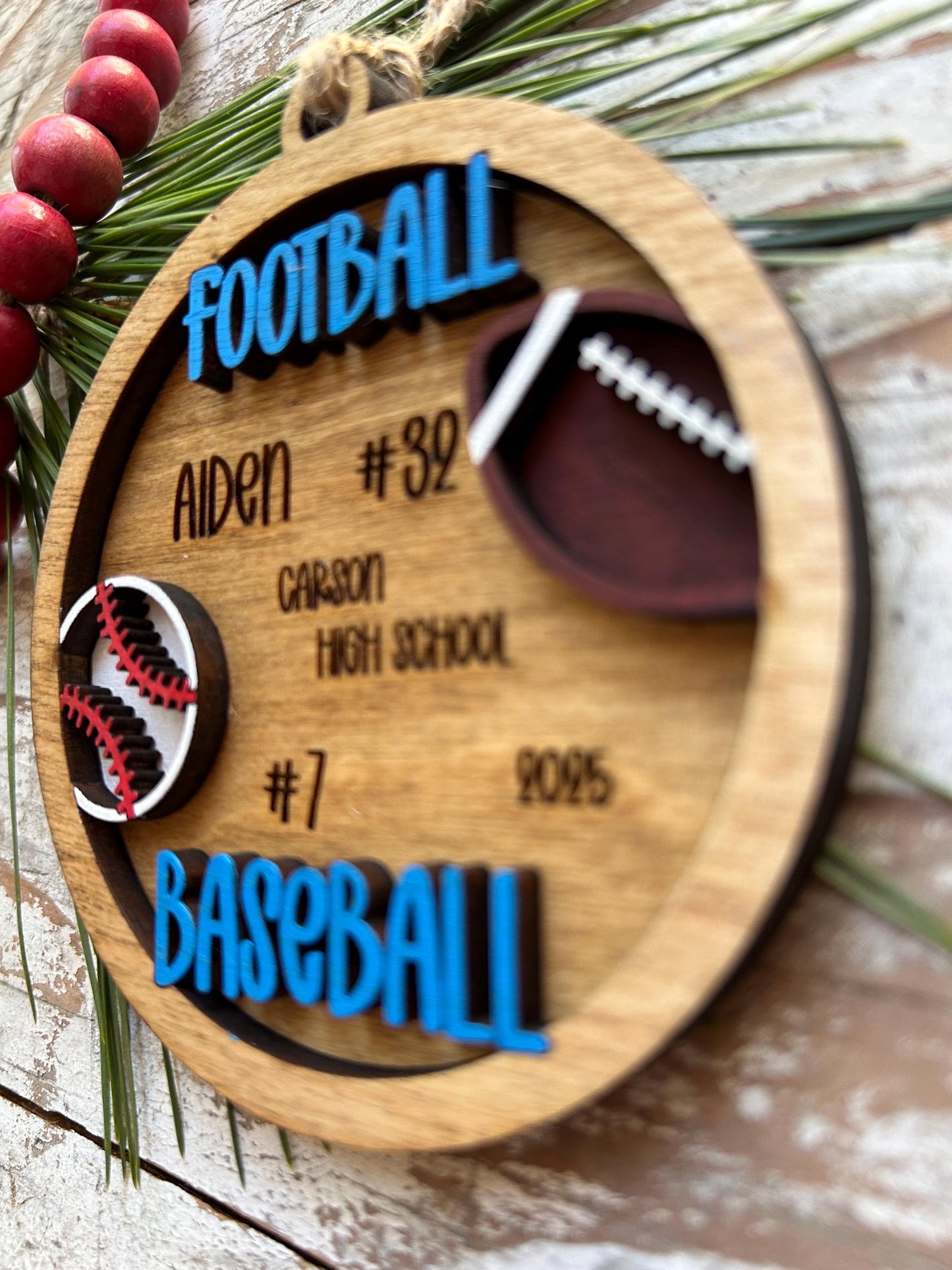 Personalized Baseball Football Player Christmas Tree Ornament | Gift for Multi Sport High School Athlete| Senior Baseball Football 2 Sport