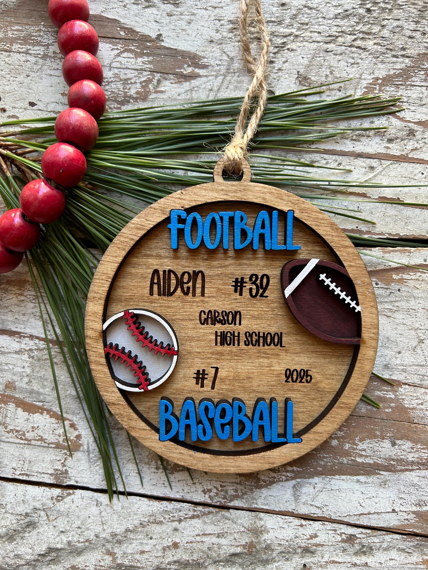 Personalized Baseball Football Player Christmas Tree Ornament | Gift for Multi Sport High School Athlete| Senior Baseball Football 2 Sport