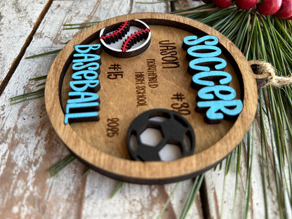 Personalized Soccer Baseball Player Christmas Tree Ornament | Gift for Multi Sport High School Athlete| Senior Soccer Baseball 2 Sport