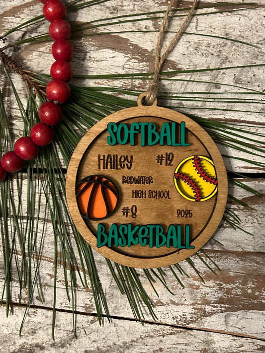 Personalized Multi Sport Softball Basketball Player Christmas Tree Ornament | Gift for High School Team | Custom Coach | Senior