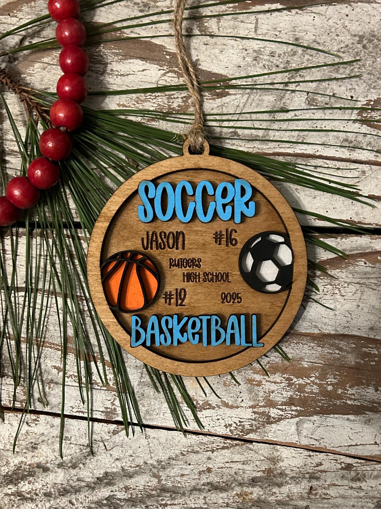 Personalized Soccer Basketball Player Christmas Tree Ornament | Gift for Multi Sport High School Athlete| Senior Soccer Basketball 2 Sport