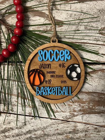 Personalized Soccer Basketball Player Christmas Tree Ornament | Gift for Multi Sport High School Athlete| Senior Soccer Basketball 2 Sport