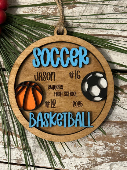 Personalized Soccer Basketball Player Christmas Tree Ornament | Gift for Multi Sport High School Athlete| Senior Soccer Basketball 2 Sport