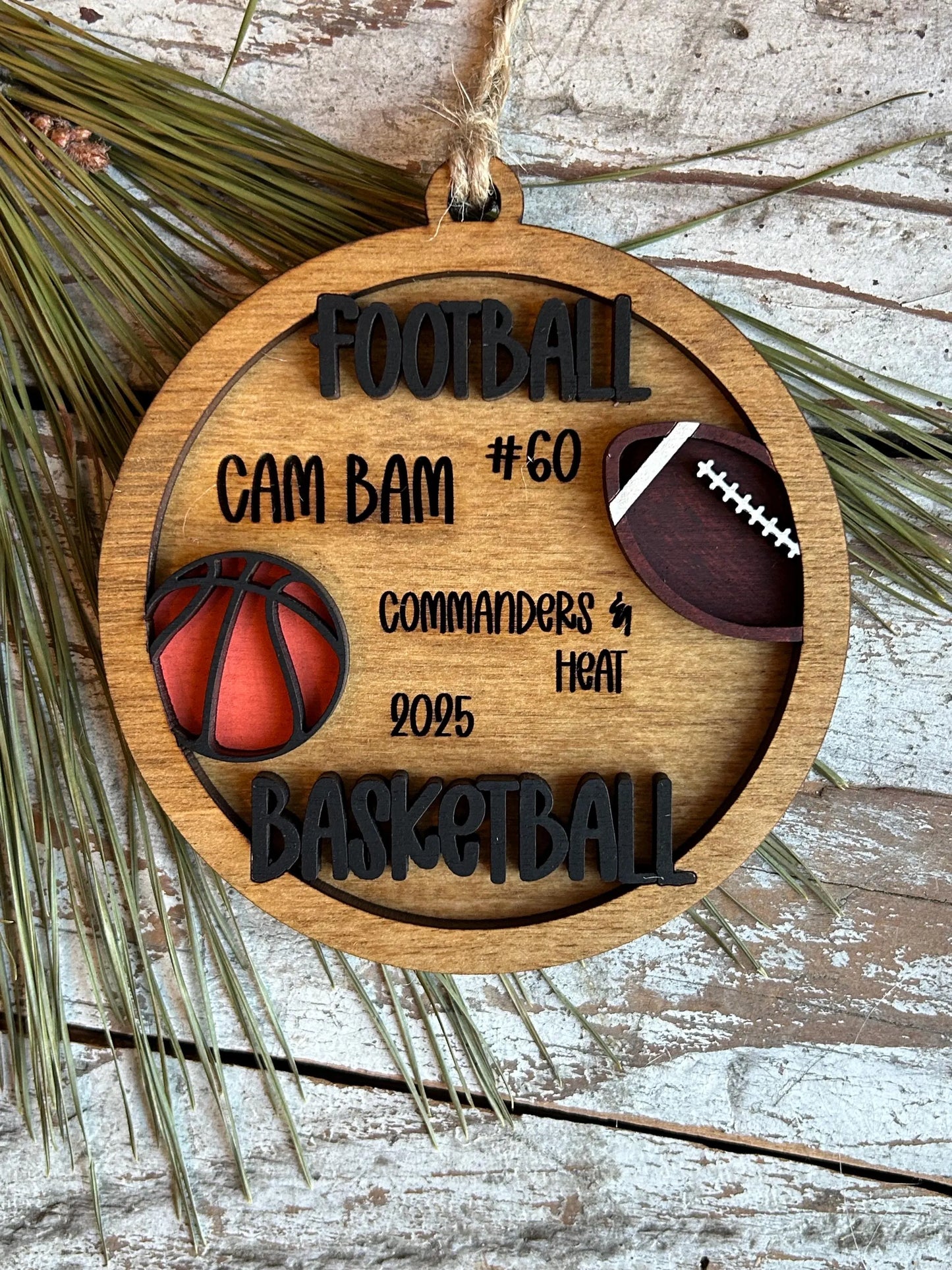 Personalized Basketball Football Player Christmas Tree Ornament | Gift for Multi Sport High School Athlete| Present for Senior in 2 Sports