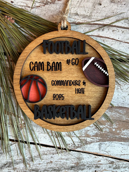 Personalized Basketball Football Player Christmas Tree Ornament | Gift for Multi Sport High School Athlete| Present for Senior in 2 Sports